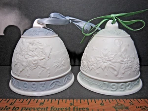 Lladro Christmas Bells 1992 1993 Spain Porcelain Blue Green Embossed Poinsettia - Picture 1 of 12