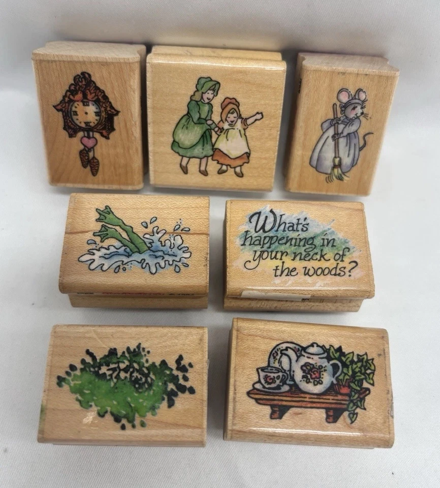Stampendous! Lot Of 7 Small Wood Rubber Stamps Frog Mouse Tea Clock Sisters - Image 1 of 4