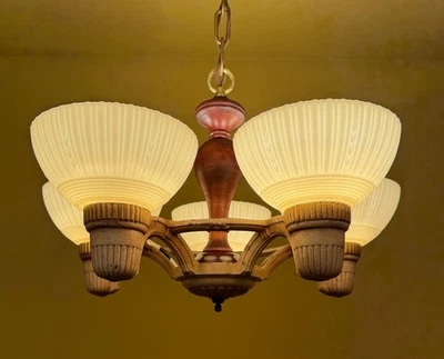 Vintage Lighting INCREDIBLE  1930s MARKEL chandelier. Custard glass shades. - Image 1 of 4