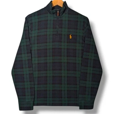 Polo Ralph Lauren Quarter Zip Jumper Mens XS Black Watch Tartan Navy Estate Rib - Image 1 of 4
