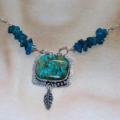 Enorme collar de cuentas enchapado en plata 925 con apatita azul crisocola 18" GW Foto 1 de 3