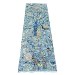 2'x6'1" Blue Afghan Peshawar Birds Design Hand Knotted Wool Runner Rug G20437 - Picture 1 of 6