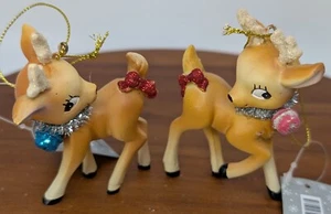 Retro Christmas Deer Ornament Reindeer Baby Resin Figurines Hobby Lobby Set Of 2 - Picture 1 of 6