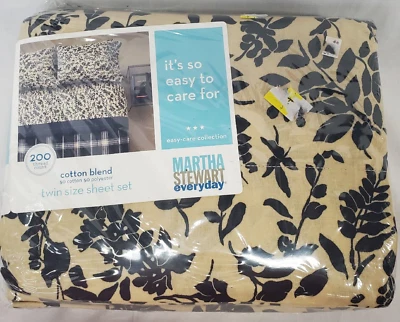 vtg Martha Stewart Everyday Twin Sheet Set 200 Sea Kelp Black Print Tan - Image 1 of 4