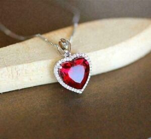 4Ct Heart Cut Simulated Ruby Diamond Halo Necklace Pendant 14K White Gold Plated