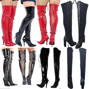 NEW UNISEX THIGH HIGH OVER KNEE BOOTS BACK FRONT LACE STILETTO HEEL SIZE 3 TO 12 - Picture 1 of 17