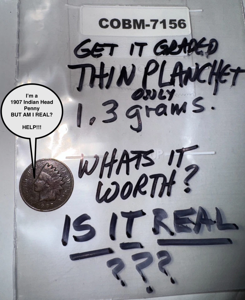 Penny cabeza india planchet delgado inusual 1907 solo 1,3 g -- ¿es real? COBM-7156 Foto 1 de 4