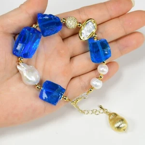 Natural Blue Glass Quartz Rough White Biwa Baroque Pearl Chain Bracelet Gifts - Picture 1 of 8