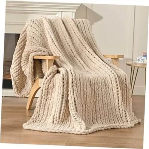Chunky Knit Blanket Throw 60"x80", 100% Hand 60x80 Inches 03 - Sandshell - Picture 1 of 7