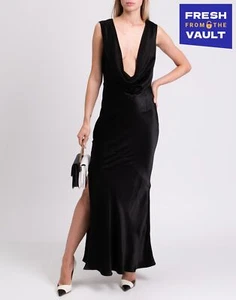 RRP €500 ERIKA CAVALLINI Satin Maxi Dress IT44 US8 UK12 L Black Deep Cowl Neck - Picture 1 of 10