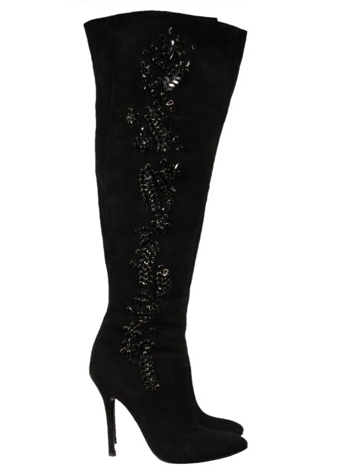 Giuseppe Zanotti 女式过膝结晶靴 US 7 EU 37 黑色麂皮绒 — 第 1/4 张图片
