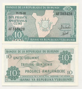 Burundi 10 Franken 1-10-1991 Pick 33,b UNC unzirkulierte Banknote - Bild 1 von 1