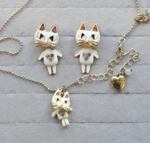Betsey Johnson Articulated Pink Rhinestone Kitty Cat heart necklace earring set - Picture 1 of 12