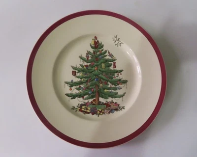 Spode Christmas Tree 10 3/4"  Dinner Plate w Rare Wine  Red Trim - Mint - Image 1 of 4
