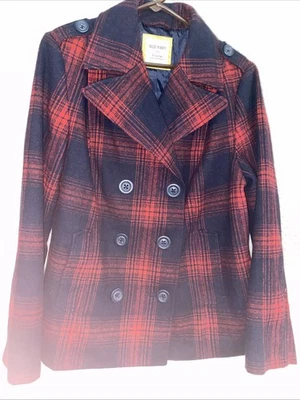 Old Navy Recycled Wool Blend Red Plaid Double Breasted Jacket Pea Coat Sz XL - Image 1 of 4