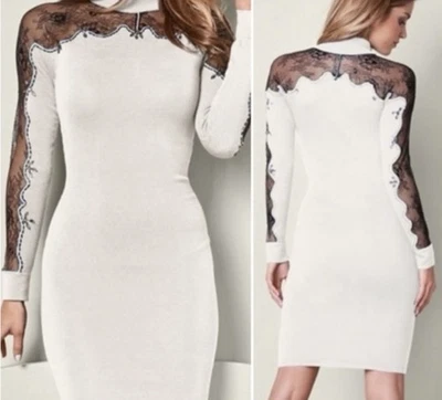 VENUS FITTED WHITE BLACK LACE RHINESTONE BEJEWELED SWEATER DRESS size L - Image 1 of 4