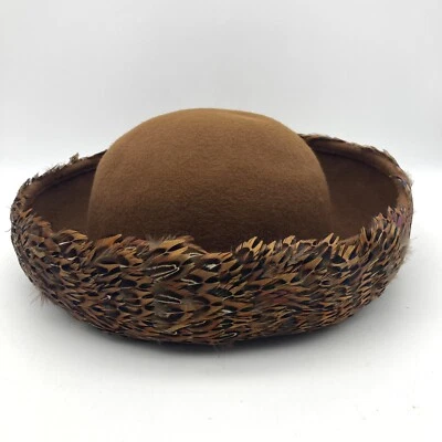 VINTAGE 1960s WPL Wool Genuine Feather Hat, Wide Brim Brown Pheasant 22'' W/ BOX - Image 1 of 4