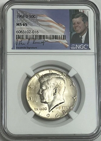 1968 D NGC MS65 SILVER KENNEDY HALF DOLLAR JFK COIN SIGNATURE FLAG LABEL 50C Cover