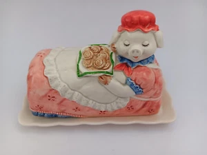 Plato de mantequilla japonés Otagiri pintado a mano con señora cerdo y galletas. - Imagen 1 de 6