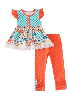 New Boutique Girls 2T Ruffle Dinosaur Polka Dot Pants Set Pockets Short Sleeve - Image 1 of 4