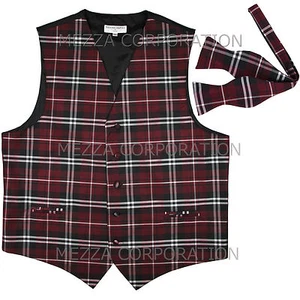 New Vesuvio Napoli Men's plaid Tuxedo Vest Waistcoat_Self Tie Bowtie Burgundy - Picture 1 of 4
