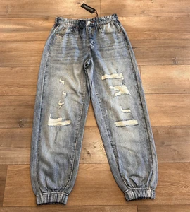 NWT Blank NYC Jogger Jeans Women's Sz S Blue Faux Digital Distressing Pockets - Picture 1 of 14