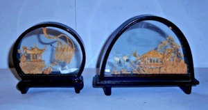 2 X VINTAGE CORK DIORAMA CARVED CHINESE CORK VILLAGE SCENE WITH STORKS LOT B - Picture 1 of 3
