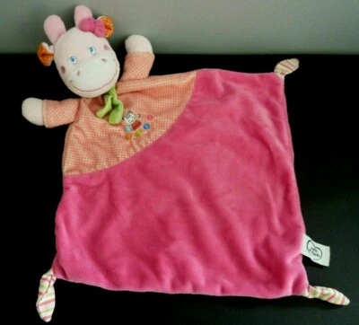 *. DOUDOU PLAT MOTS D'ENFANTS VACHE ROSE ECHARPE VERT POIS CHAT PELOTE TTBE - Photo 1/4