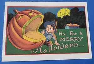 Halloween Postkarte "Großer Jack-o-Lantern Junge lächelnder Mond" Repro Vintage Bild - Bild 1 von 2