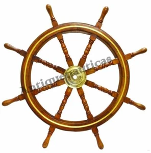 36" Wooden Ship Wheel Steering Pirate Nautical Brass Variety Of Decor Styles - Picture 1 of 4