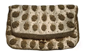 Vtg Beaded Satin Cream & Gold beading Evening Clutch Clasp Purse Handbag - Picture 1 of 9