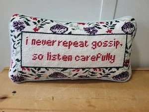 Furbish Wool Needlepoint Gossip Pillow 13x7.5 Ivory Green Red Purple - Picture 1 of 6