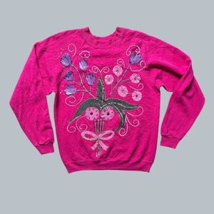 Vintage Sweatshirt rosa Blumen bemalt verziert Rundhals Gr. L Landhaus Oma - Bild 1 von 6