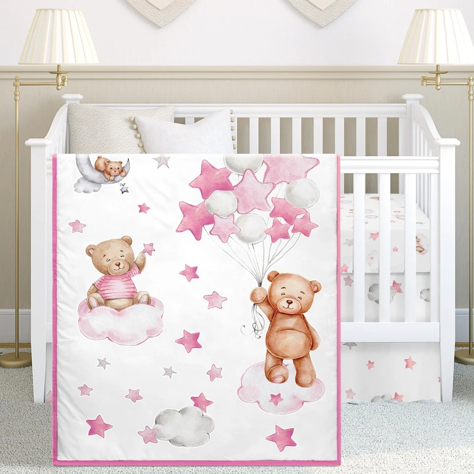 3 peças conjunto de roupa de cama tema urso balão nuvem berço para meninos berçário mini ser... - Imagem 1 de 4