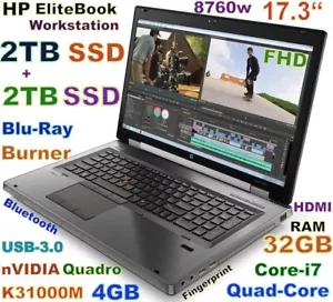 Workstation HP 8760w 17.3 i7-Quad (2TB + 2TB) SSD Blu-RAY 32GB Quadro K3100M 4GB - Picture 1 of 13