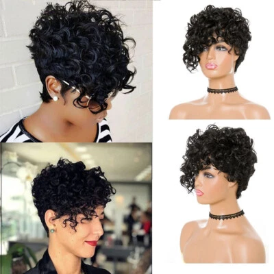 Pelucas afroamericanas rizadas cortas para mujeres negras sintéticas seguras contra el calor con flequillo EE. UU. Foto 1 de 4