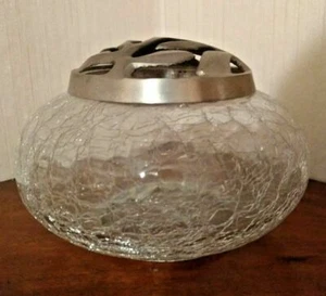 Crackled Clear Glass Bowl With Pewter Lid With a Stylized Leaf Pattern - Picture 1 of 9