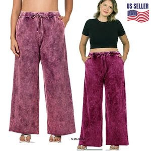 ZENANA Wide Leg Pants Mineral Wash Magenta French Terry Knit Drawstring  Pockets - Picture 1 of 6