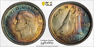 1939 Ten Cents 10¢ PCGS MS-64 - Amazing Rainbow Tones - Image 1 of 3