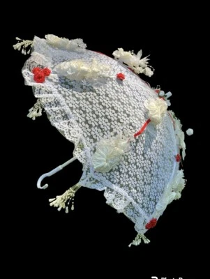 VINTAGE  SHABBY COTTAGE HANDCRAFTED WEDDING PARASOL UMBRELLA WHITE AND RED - Изображение 1 из 4