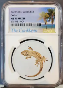 2020 EAST CARIBBEAN SILVER 1 DOLLAR ANGUILLA GECKO NGC MS 70 MATTE RARE PERFECT - Picture 1 of 3