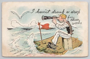 Drinking Anti Prohibition Man Stranded at Sea with Spy Glass on Raft Postcard - Picture 1 of 5