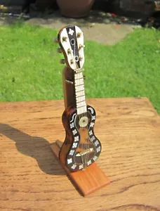 More details for antique miniature guitar and stand, boxed, mother of pearl decoration