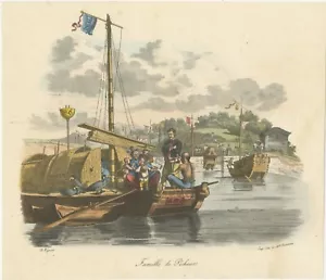 Estampado antiguo de una familia china de pescadores - Imagen 1 de 1