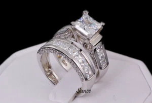 Real 925 Princess Simulated Wedding Rings Engagement Rings Bridal Set 7 - Picture 1 of 4