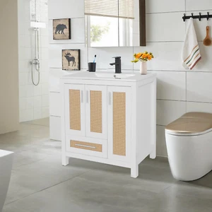 30"Bathroom Vanity Ceramic Sink Combo Drawer with Soft Close Door Shelves Rattan - Picture 1 of 19