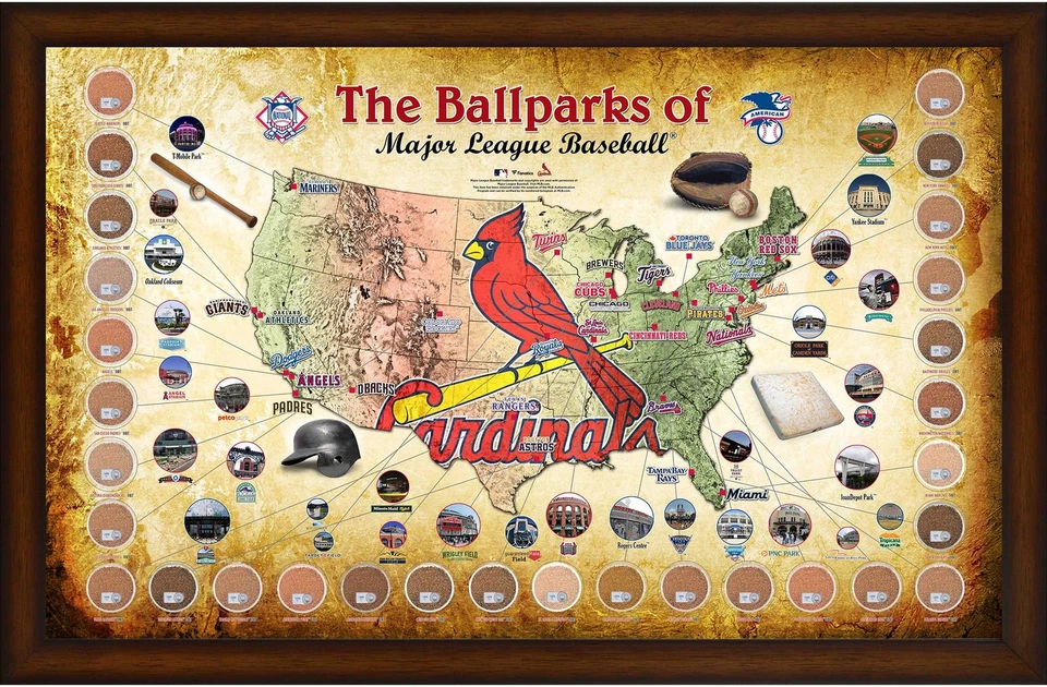 Collage de mapas de los Cardenales de San Luis 20x32 enmarcados de parques MLB con GU Dirt los 30 estadios Foto 1 de 1