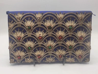 Royal Blue Silk Clutch Purse Gold Zari Embroidery Beaded Evening Bag India - Image 1 of 4