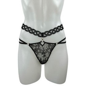 Aubade Women's Black Lace Strappy Crotchless Garter Belt Thong Underwear Panty S