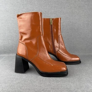 ASOS Boots Womens 9* Brown Patent Leather Mid Calf Chunky Square Toe Festival - Picture 1 of 24